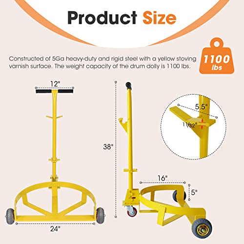 SDSNTE Heavy-Duty Steel 55 Gallon Drum Dolly for Moving Heavy Drums Easily with Removable and Versatile Handle, Weight Capacity 1100lbs, Yellow, Pack of 1