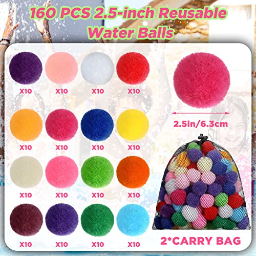 Leyndo 160 Pcs Reusable Water Balls Cotton Balloons 2.5 Inch Splash Water Absorbing Balls for Kids Outdoor Fun Toys with 2 Storage Bags for Summer Game Water Fight Activities Pool Yard Beach Favor