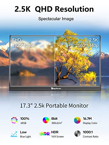MAGICRAVEN 2.5K Portable Monitor, 17.3 Inch 1440P IPS Laptop Monitor, Dual USB C HDMI Second Computer Screen, VESA Gaming Display with 2 Speakers, Travel Monitor for Laptop PS4/5 PC Phone Xbox Switch