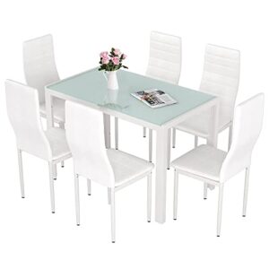 aoou 5/7pieces kitchen table set, modern dining table set w/glass-top table and 4/6 leather upholstered chairs for dining room, kitchen, dinette, breakfast nook (white, dinning table with 6 chairs)
