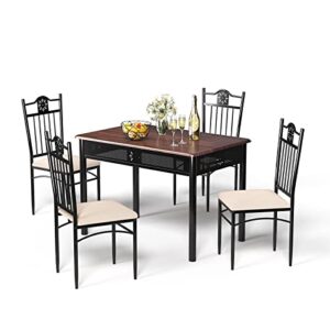 tangkula 5 pieces dining table and chairs set, vintage retro wood top metal frame padded seat dining table set home kitchen dining room furniture