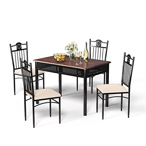 Tangkula 5 Pieces Dining Table and Chairs Set, Vintage Retro Wood Top Metal Frame Padded Seat Dining Table Set Home Kitchen Dining Room Furniture