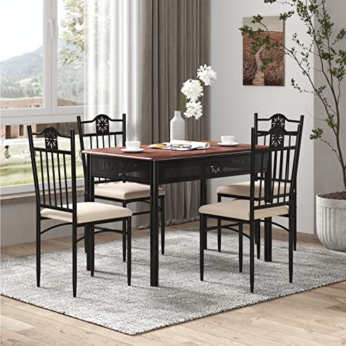 Tangkula 5 Pieces Dining Table and Chairs Set, Vintage Retro Wood Top Metal Frame Padded Seat Dining Table Set Home Kitchen Dining Room Furniture