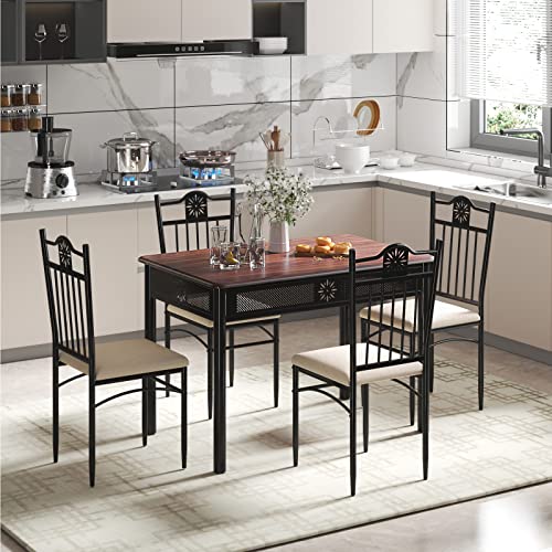 Tangkula 5 Pieces Dining Table and Chairs Set, Vintage Retro Wood Top Metal Frame Padded Seat Dining Table Set Home Kitchen Dining Room Furniture