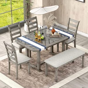 merax 6-piece rubber wood dining table set with 4 cushioned chairs and bench, beautiful grain pattern tabletop, light gray-6pcs