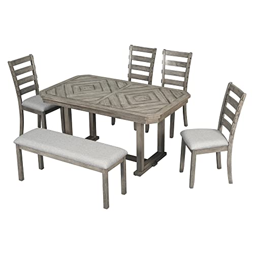 Merax 6-Piece Rubber Wood Dining Table Set with 4 Cushioned Chairs and Bench, Beautiful Grain Pattern Tabletop, Light Gray-6pcs