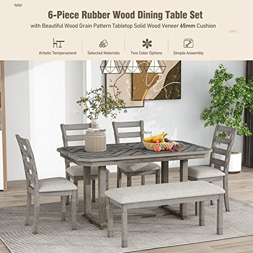 Merax 6-Piece Rubber Wood Dining Table Set with 4 Cushioned Chairs and Bench, Beautiful Grain Pattern Tabletop, Light Gray-6pcs