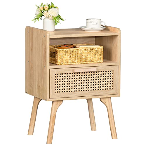 Lerliuo Rattan Nightstand, Boho Side Table with Drawer Open Shelf, Cane Accent Bedside End Table with Solid Wood Legs for Bedroom, Dorm and Small Spaces