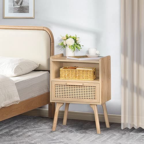 Lerliuo Rattan Nightstand, Boho Side Table with Drawer Open Shelf, Cane Accent Bedside End Table with Solid Wood Legs for Bedroom, Dorm and Small Spaces