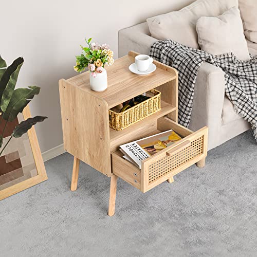 Lerliuo Rattan Nightstand, Boho Side Table with Drawer Open Shelf, Cane Accent Bedside End Table with Solid Wood Legs for Bedroom, Dorm and Small Spaces