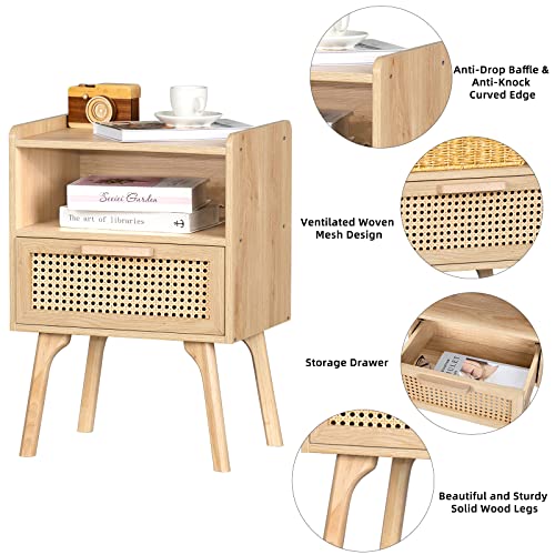 Lerliuo Rattan Nightstand, Boho Side Table with Drawer Open Shelf, Cane Accent Bedside End Table with Solid Wood Legs for Bedroom, Dorm and Small Spaces