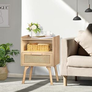 Lerliuo Rattan Nightstand, Boho Side Table with Drawer Open Shelf, Cane Accent Bedside End Table with Solid Wood Legs for Bedroom, Dorm and Small Spaces