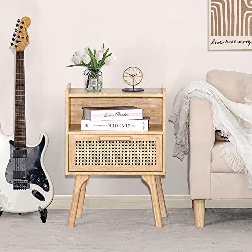 Lerliuo Rattan Nightstand, Boho Side Table with Drawer Open Shelf, Cane Accent Bedside End Table with Solid Wood Legs for Bedroom, Dorm and Small Spaces