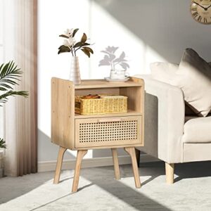 Lerliuo Rattan Nightstand, Boho Side Table with Drawer Open Shelf, Cane Accent Bedside End Table with Solid Wood Legs for Bedroom, Dorm and Small Spaces