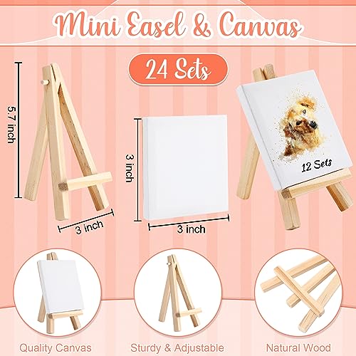 Watercolor Paint Sets 8 Colors Watercolor with 3 x 3 Inch Painting Canvas Panel with Mini Wooden Easel Set Stretched Canvas Display Easel Painting Brush Kit with Paint Brush for Kids (24 Sets)