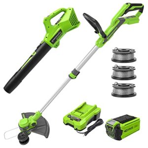 greenworks 40v 13-inch cordless string trimmer/edger and leaf blower combo kit + 3 bonus spools, 2.0ah battery and charger included