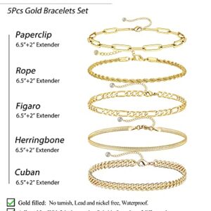 DEARMAY Gold Bracelets for Women Trendy Gold Jewelry Set for Women Cuban Link Chain 14K Gold Plated Filled Figaro Paperclip Rope Herringbone Bracelet Pack 18K Gifts for Women Teen Girls