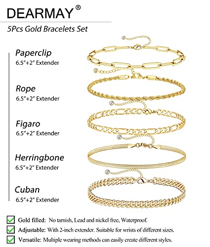 DEARMAY Gold Bracelets for Women Trendy Gold Jewelry Set for Women Cuban Link Chain 14K Gold Plated Filled Figaro Paperclip Rope Herringbone Bracelet Pack 18K Gifts for Women Teen Girls
