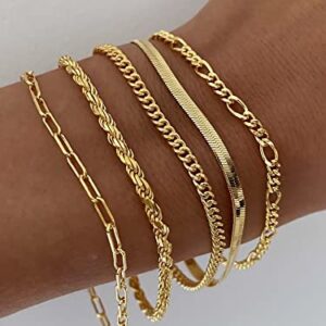 DEARMAY Gold Bracelets for Women Trendy Gold Jewelry Set for Women Cuban Link Chain 14K Gold Plated Filled Figaro Paperclip Rope Herringbone Bracelet Pack 18K Gifts for Women Teen Girls