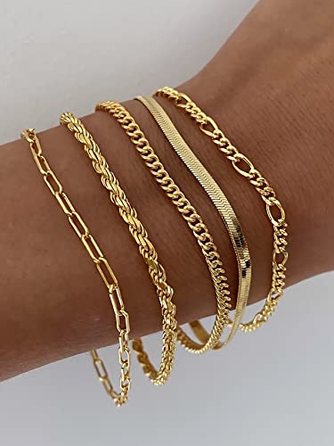 DEARMAY Gold Bracelets for Women Trendy Gold Jewelry Set for Women Cuban Link Chain 14K Gold Plated Filled Figaro Paperclip Rope Herringbone Bracelet Pack 18K Gifts for Women Teen Girls