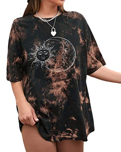 CSDAJIO Women Sun and Moon Print Tie Dye Oversized T Shirt Graphic Tees Vintage Summer Short Sleeve Crewneck Casual Tops Brown M Tie-Dye Brown-Sun and Moon XX-Large