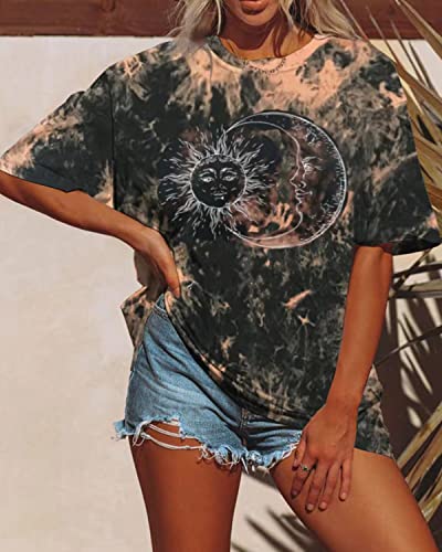 CSDAJIO Women Sun and Moon Print Tie Dye Oversized T Shirt Graphic Tees Vintage Summer Short Sleeve Crewneck Casual Tops Brown M Tie-Dye Brown-Sun and Moon XX-Large