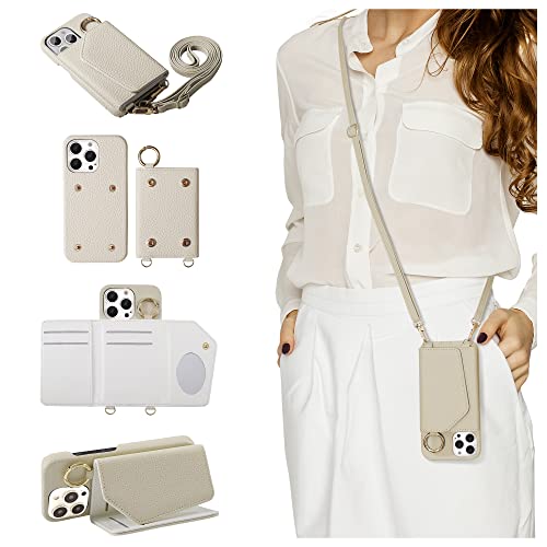 HANDODO Wallet Case Compatible iPhone 13 Pro Max,Women Vegan Leather Detachable Crossbody Phone case with RFID Blocking Card Holder Adjustable Strap Shockproof Kickstand Phone Wallet(Ivory)