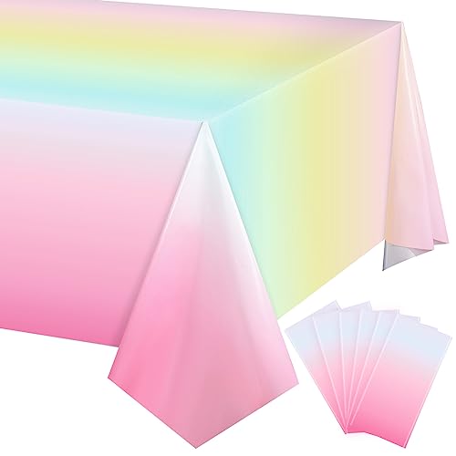 3 Pack Pastel Rainbow Tablecloths Rainbow Plastic Tablecloth Rainbow Party Decorations Rainbow Birthday Party Supplies Pastel Table Covers for Birthday Wedding Shower Party Supplies, 108 x 54 Inch