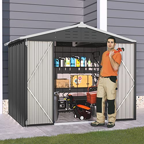 UDPATIO Outdoor Storage Shed 8x6 FT, Metal Garden Shed for Bike, Garbage Can, Tool, Lawnmower, Outside Sheds & Outdoor Storage Galvanized Steel with Lockable Door for Backyard, Patio, Lawn, Dark Grey