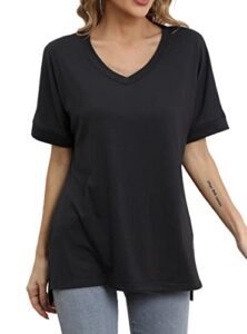irisgod womens v neck oversized t shirts loose fit short cuffed sleeves tee tops black