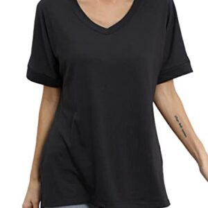 IRISGOD Womens V Neck Oversized T Shirts Loose Fit Short Cuffed Sleeves Tee Tops Black