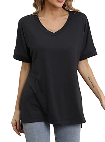 IRISGOD Womens V Neck Oversized T Shirts Loose Fit Short Cuffed Sleeves Tee Tops Black