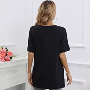 IRISGOD Womens V Neck Oversized T Shirts Loose Fit Short Cuffed Sleeves Tee Tops Black