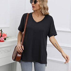 IRISGOD Womens V Neck Oversized T Shirts Loose Fit Short Cuffed Sleeves Tee Tops Black