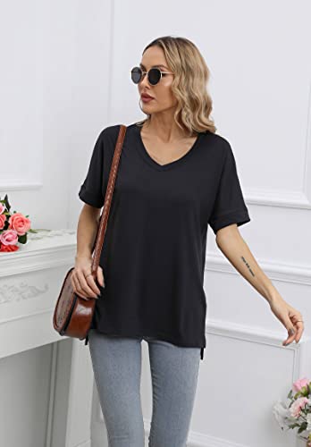 IRISGOD Womens V Neck Oversized T Shirts Loose Fit Short Cuffed Sleeves Tee Tops Black