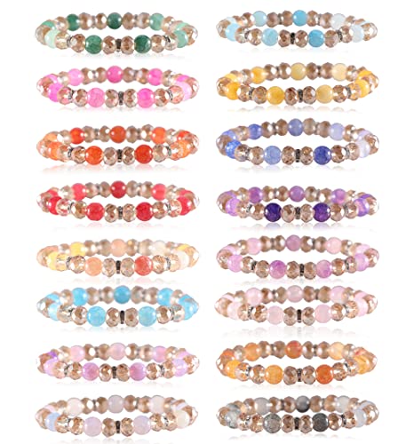 PIPITREE 16PCS Crystal Bracelet Beaded Bracelets for Women, Colorful Stackable Stretch Beads Bracelets Healing Crystals Rhinestone Spacers Anxiety Relief Gifts for Women