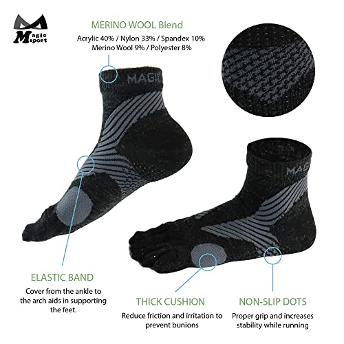 M Magic Sport Merino Wool Blend Non-Slip Above Ankle Toe Socks, Five Finger, Men and Women, Running, Hiking, Cycling, Camping (as1, alpha, l, x_l, regular, regular, Black pro)