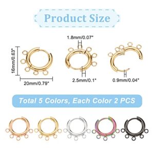 DICOSMETIC 10 Pairs 5 Colors Huggie Hoop Earring Stainless Steel Hoop Earring Findings with 5 Loops Black/Gold/Rose Gold/Rainbow Color Round Leverback Earring Hooks for Earring Making, Hole: 1.8mm