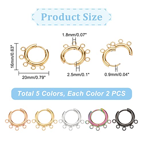 DICOSMETIC 10 Pairs 5 Colors Huggie Hoop Earring Stainless Steel Hoop Earring Findings with 5 Loops Black/Gold/Rose Gold/Rainbow Color Round Leverback Earring Hooks for Earring Making, Hole: 1.8mm