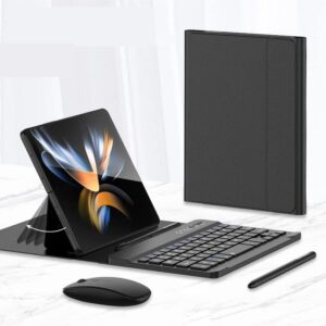wireless keyboard folding leather case for samsung galaxy z fold 4 / fold 3 folding phone creative stand bluetooth mouse stylus (black)
