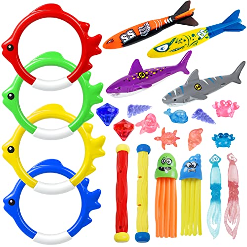 Korlon Tec 25 Pcs Pool Toys for Kids Ages 4-8, Swimming Pool Diving Toys, Underwater Pool Toys for Kids Ages 8-12, Fun Training Water Swim Toys Gift Set for Kids Boys Girls Adults