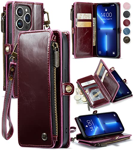 Defencase for iPhone 13 Pro Case Wallet, iPhone 13 Pro Wallet Case for Women and Men, Vintage PU Leather Magnetic Flip Closure Strap Zipper Card Holder Phone Cases for iPhone 13 Pro 6.1", Wine Red