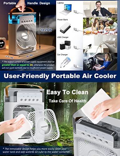 4-IN-1 Portable Air Conditioners Fan, Personal Mini Air Conditioner with 3-Speeds/5 Humidifier Misting Hole/7 Colors Light, USB Handle Evaporative Cooler with Auto Timer for Room Office Travel (ST-02)