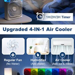 4-IN-1 Portable Air Conditioners Fan, Personal Mini Air Conditioner with 3-Speeds/5 Humidifier Misting Hole/7 Colors Light, USB Handle Evaporative Cooler with Auto Timer for Room Office Travel (ST-02)