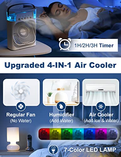 4-IN-1 Portable Air Conditioners Fan, Personal Mini Air Conditioner with 3-Speeds/5 Humidifier Misting Hole/7 Colors Light, USB Handle Evaporative Cooler with Auto Timer for Room Office Travel (ST-02)