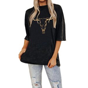 izyjoy women's boho cow skull t-shirt - vintage western rodeo graphic tee, oversized casual top (charcoal black, large)