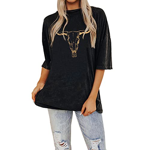 IZYJOY Women's Boho Cow Skull T-Shirt - Vintage Western Rodeo Graphic Tee, Oversized Casual Top (Charcoal Black, Large)