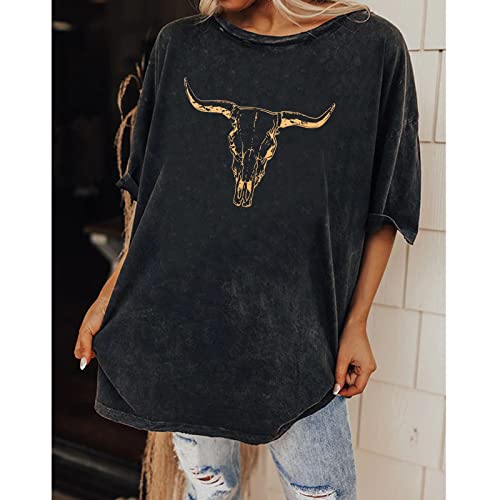 IZYJOY Women's Boho Cow Skull T-Shirt - Vintage Western Rodeo Graphic Tee, Oversized Casual Top (Charcoal Black, Large)