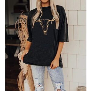 IZYJOY Women's Boho Cow Skull T-Shirt - Vintage Western Rodeo Graphic Tee, Oversized Casual Top (Charcoal Black, Large)