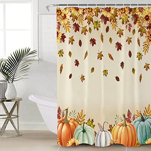 Fall Pumpkin Leaves Bathroom Set with Shower Curtain and Rug Accessories -36x72 Inches Long Stall Curtain with Large Bath Mat,Bathtub Floor Runner Rug Set,Hooks Autumn Thanksgiving Sunflower Holiday